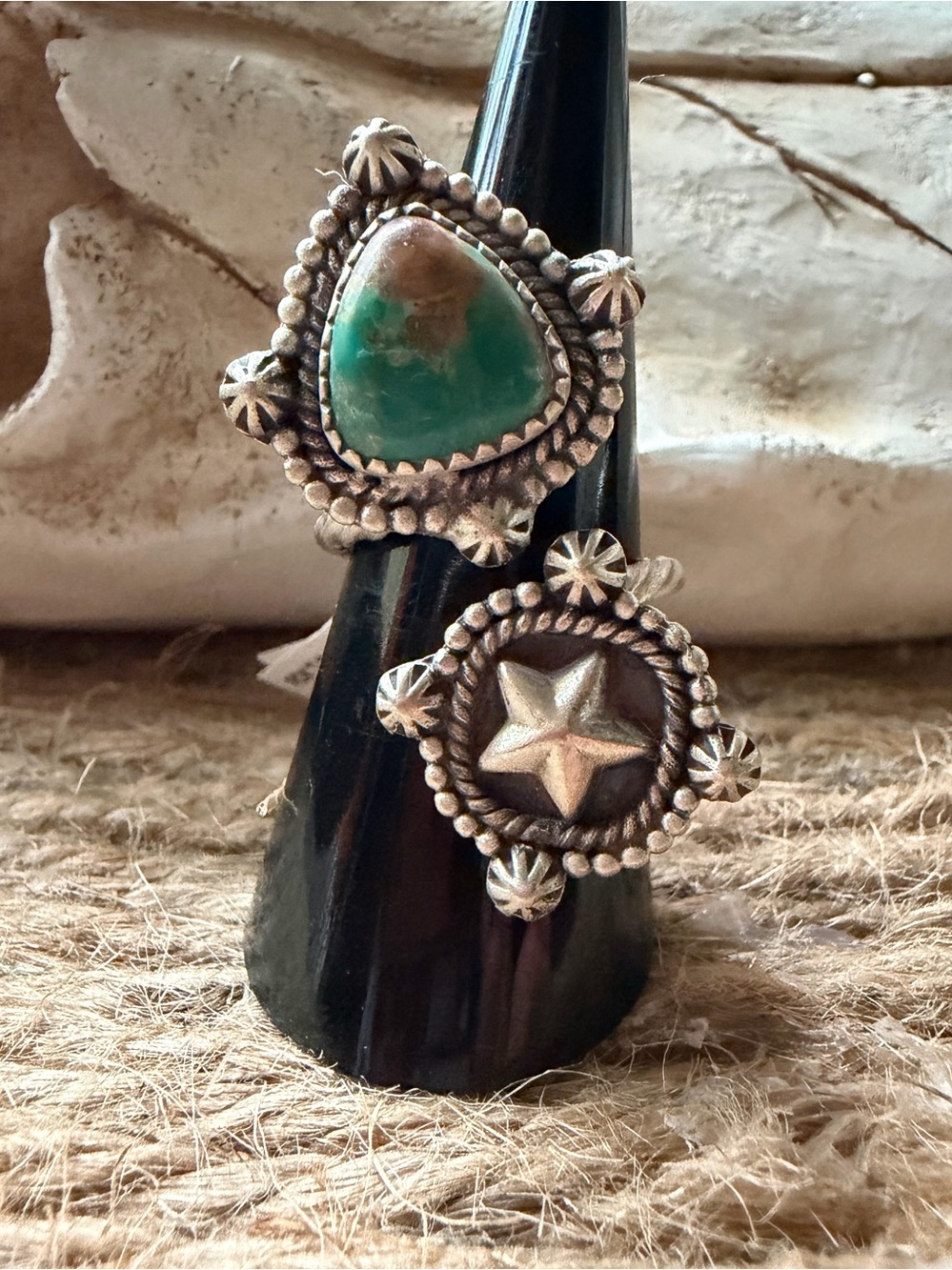 Fox Turquoise and Sterling Silver Star Statement Bypass Ring